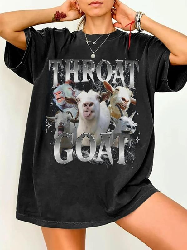 Women's Goat & Figure Print Round Neck Tee, Fashion Casual Crew Neck T-shirt for Daily Holiday Vacation Outdoor Wear,...