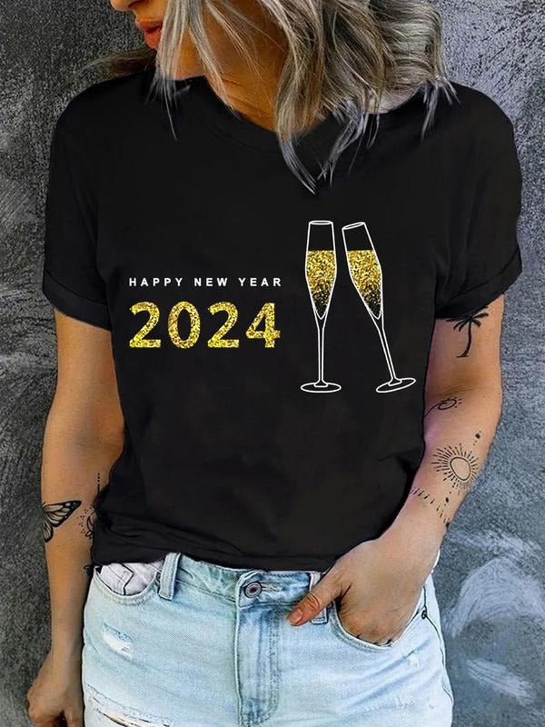 Women's Goblet & Figure Print Round Neck Tee, Fashion Letter Graphic Short Sleeve T-Shirt, Ladies Clothes for All Seasons...
