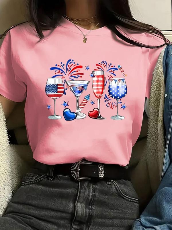 Women's Goblet & Firework Print Round Neck  Tee, Vintage Trendy Casual Short Sleeve T-shirt for Daily Wear, Ladies Summer...