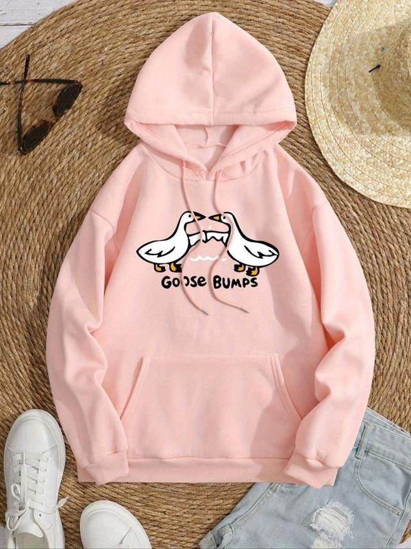 Women's Goose & Letter Print Drop Shoulder Hoodie, Fashion Casual Drawstring Pocket Hooded Sweatshirt for Daily Holiday...