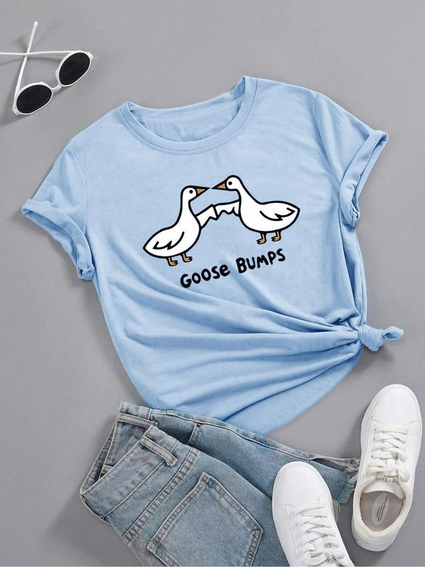Women's Goose & Letter Print Round Neck Tee, Casual Short Sleeve Crew Neck T-shirt for Summer, Fashion Women's Top for...