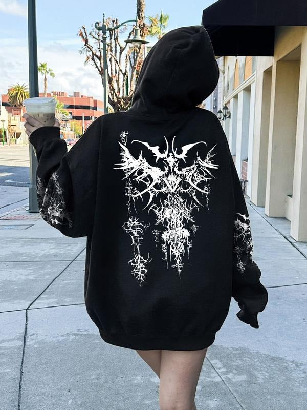 Women's Gothic Hoodie | Black Metal-Inspired Bat & Intricate Line Art Graphic, Oversized Streetwear Sweatshirt | Grunge...