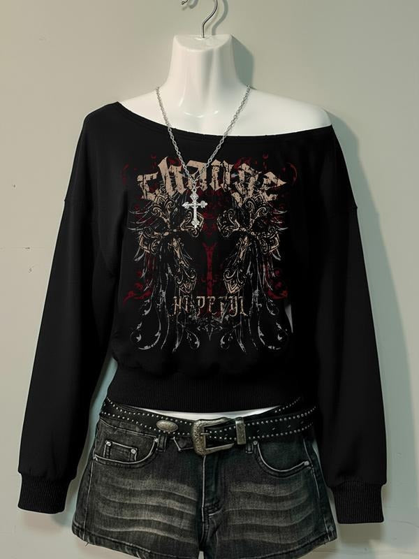 Women's Gothic Letter Print Regular Fit off the Shoulder Sweatshirt, Gothic Top for Fall & Winter, Women's Gift for Daily...
