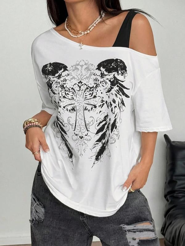 Women's Gothic Print & Animal Print Short Sleeve T-shirt, Gothic Casual Top For All Seasons, Women's For Outing Hoodie,...