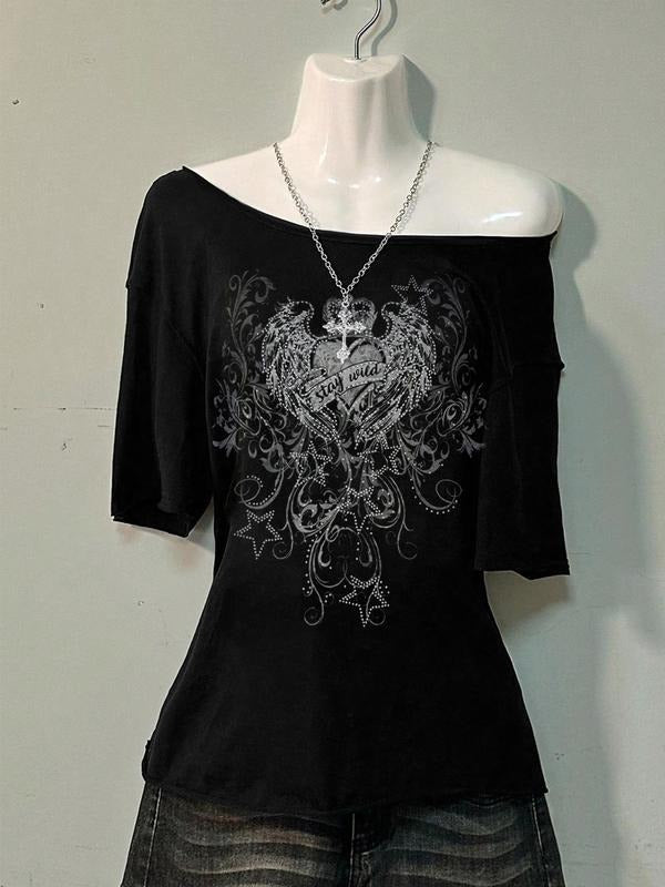 Women's Gothic Print & Letter Print Off-the-Shoulder T-shirt, Casual Short Sleeve Top for All Seasons, Women's Graphic...