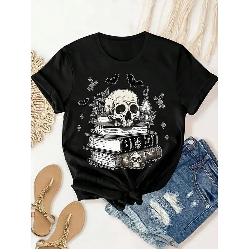 Women's Gothic Skull Book Graphic T-Shirt