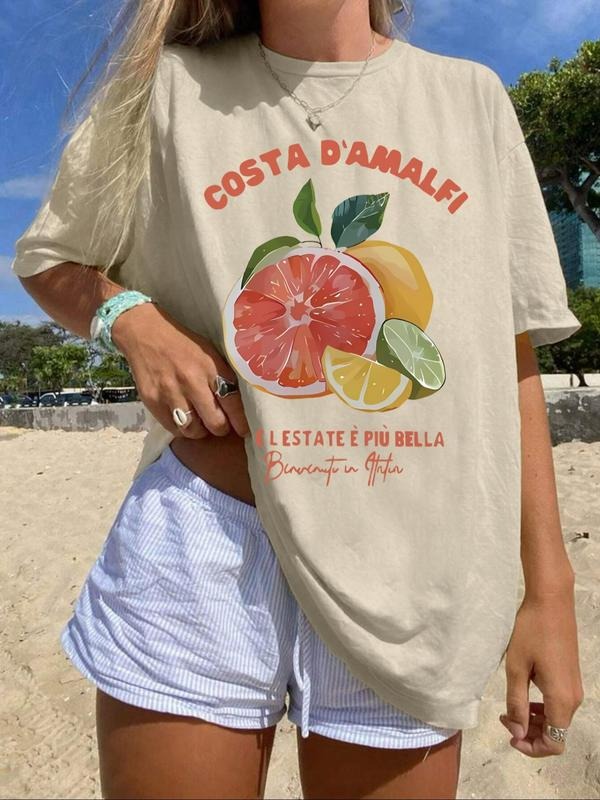 Grapefruit & Letter Print Round Neck Casual Short Sleeve Crew Neck Summer Top Daily T-Shirts, Hoodie, Sweatshirt