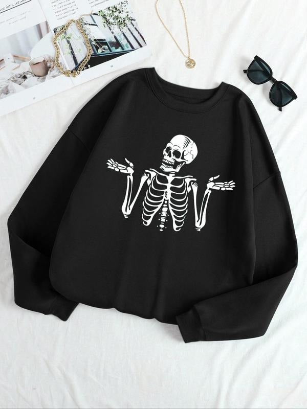 Drop Shoulder Casual Skeleton Print Long Sleeve Crew Neck Fall & Winter Clothes Daily T-Shirts, Hoodie, Sweatshirt