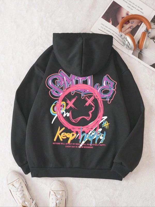 Print Drop Shoulder Kangaroo Pocket Casual Printed Drawstring Hooded Daily Outdoor Clothes Fall & Winter T-Shirts, Hoodie, Sweatshirt