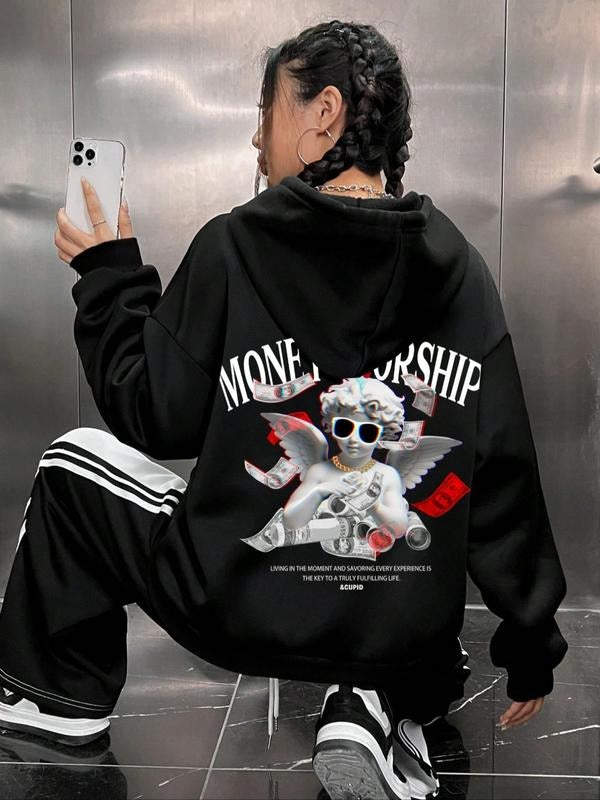 Women's Graphic Print Pocket Drawstring Hoodie, Fashion Casual Drop Shoulder Long Sleeve Hooded Sweatshirt for Daily...