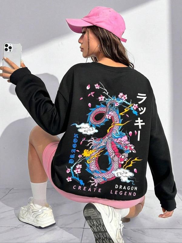 Women's Graphic Round Neck Drop Shoulder Sweatshirt, Casual Dragon Print Long Sleeve Crew Neck Pullover For Spring &...