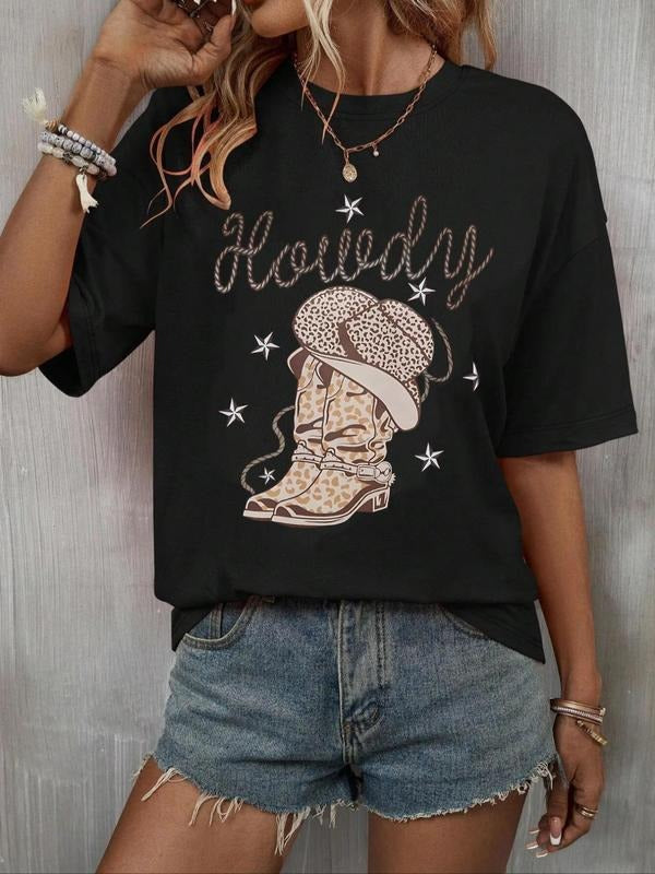 Women's Graphic Round Neck Drop Shoulder Tee, Vintage Trendy Casual Half Sleeve T-shirt For Daily Wear, Ladies All...