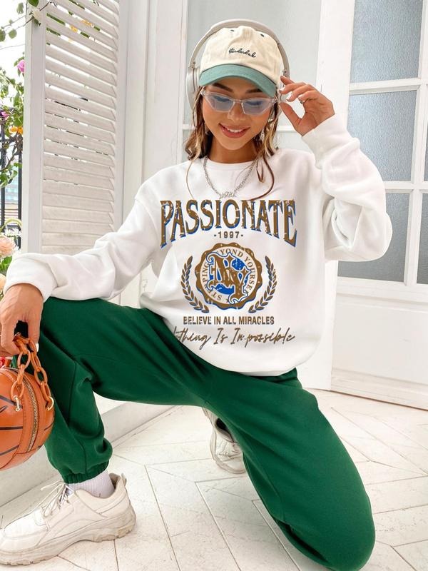 Women's Graphic Round Neck Long Sleeve Sweatshirt, Creative Printed Crew Neck Drop Shoulder Pullover For Fall & Winter,...
