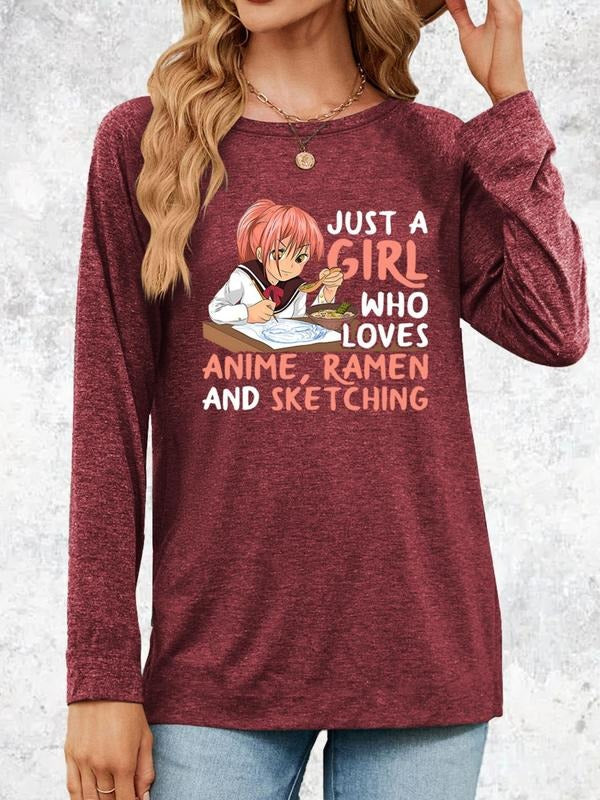 Women's Graphic Round Neck Long Sleeve Tee Without Necklace, Casual Soft Comfy Printed T-Shirt For Spring & Fall, Women's...