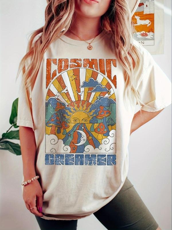 Women's Graphic Round Neck Vintage Tee, Casual Sun Print Half Sleeve Drop Shoulder Baggy T-shirt for Daily Wear, Ladies...