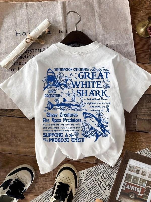 Women's Great Shark Print Round Neck Tee, Casual Short Sleeve Crew Neck T-Shirt for Summer, Fashion Women's Top for Daily...