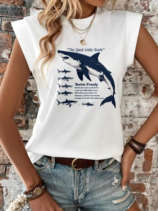 Women's Great White Shark Print Round Neck Tee, Casual Short Sleeve Crew Neck T-Shirt for Summer, Fashion Women's Top for...