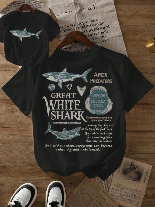 Women's Great White Shark Print Round Neck Tee, Vintage Trendy Casual Short Sleeve T-shirt for Daily Wear, Ladies All...