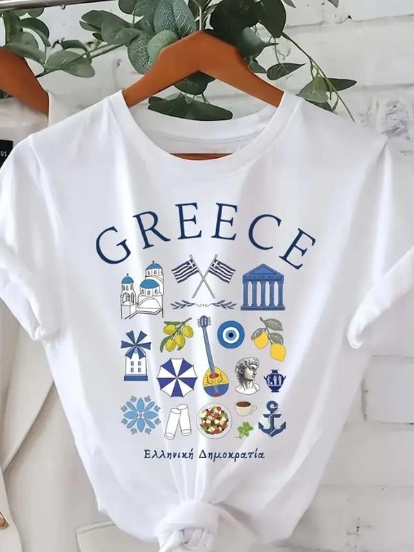 Women's Greece Graphic Print Round Neck Tee, Trendy Casual Short Sleeve T-shirt for Daily Wear, Ladies All Seasons Outfit...