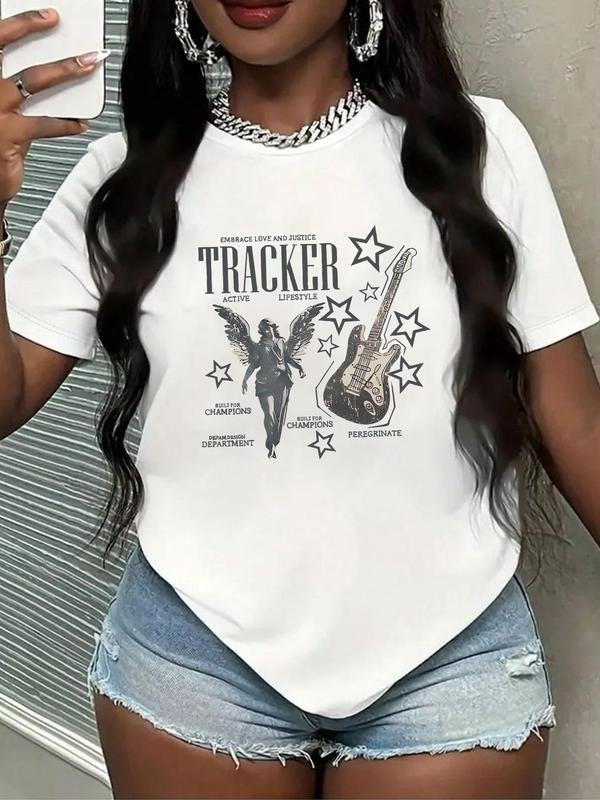 Women's Guitar & Angel Print Round Neck Tee, Vintage Trendy Casual Crew Neck T-shirt for Daily Wear, Ladies Summer, Top...