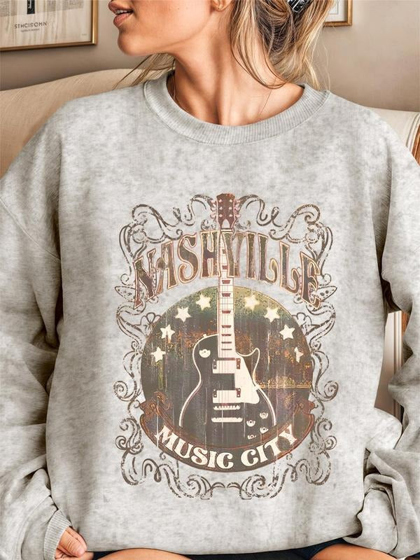 Women's Guitar & Letter Print Drop Shoulder Sweatshirt, Casual Long Sleeve Round Neck Pullover for Daily Wear, Ladies...