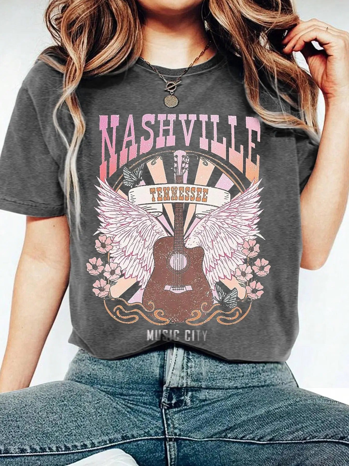 Women's Guitar & Letter Print Round Neck Graphic Tee, Vintage Trendy Casual Short Sleeve T-shirt for Daily Wear, Ladies...