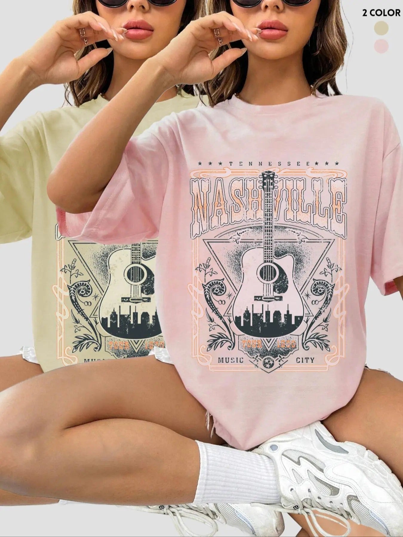Women's Guitar & Letter Print Round Neck Tee, Casual Half Sleeve T-shirt for Daily Wear, Ladies Clothes for All Seasons...