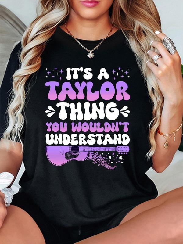 Women's Guitar & Letter Print Round Neck Tee, Trendy Casual Short Sleeve T-Shirt for Daily Wear, Ladies Summer Outfit...