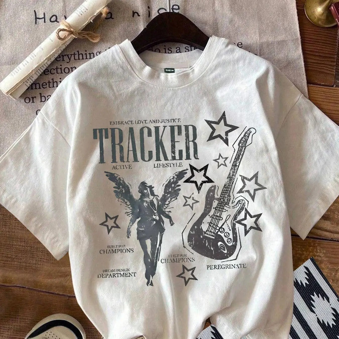 Women's Guitar & Letter Print Round Neck Tee, Vintage Trendy Casual Crew Neck T-shirt for Daily Wear, Ladies Summer...