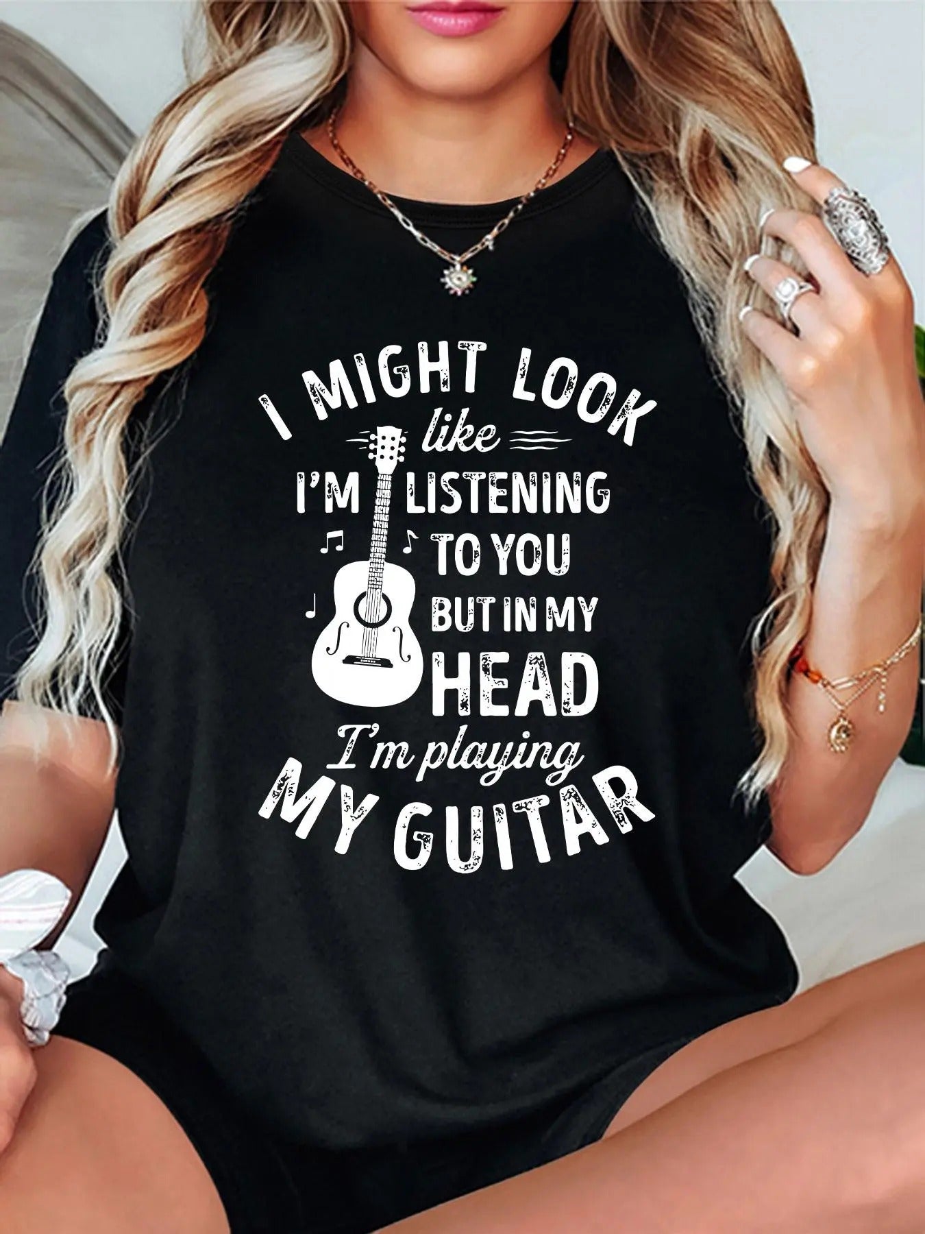 Women's Guitar & Letter Print Round Neck Tee, Vintage Trendy Casual Short Sleeve T-shirt for Daily Wear, Ladies Outfit...