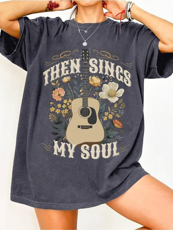 Women's Guitar & Letter Print Round Neck Tee, Vintage Trendy Casual Short Sleeve T-shirt for Daily Wear, Ladies Summer...
