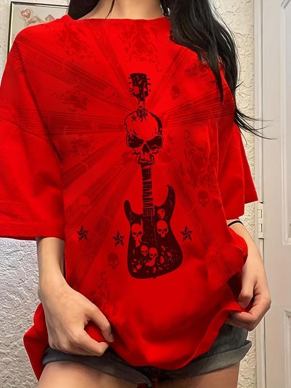 Women's Guitar & Skull Print Round Neck Tee, Casual Short Sleeve Crew Neck T-shirt for Summer, Fashion Women's Top for...