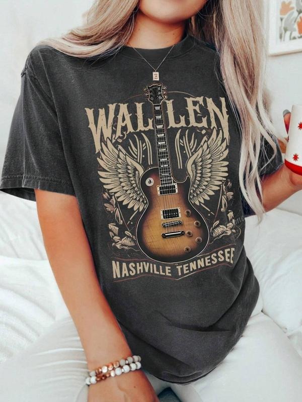 Women's Guitar Print Round Neck Tee, Casual Short Sleeve T-shirt for Daily Wear, Ladies Summer, Top Hoodie, Sweatshirt