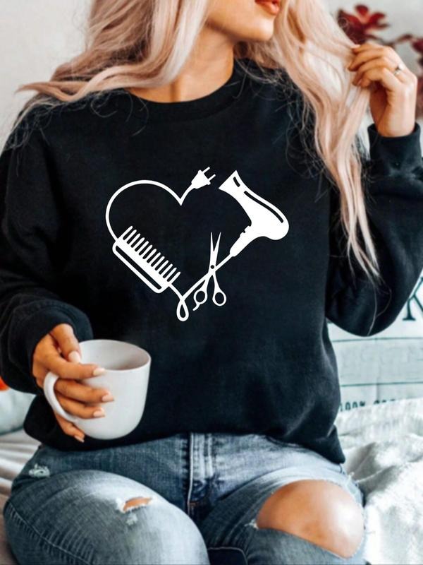 Women's Hairdressing Tool & Heart Print Drop Shoulder Sweatshirt, Casual Long Sleeve Round Neck Pullover for Fall &...