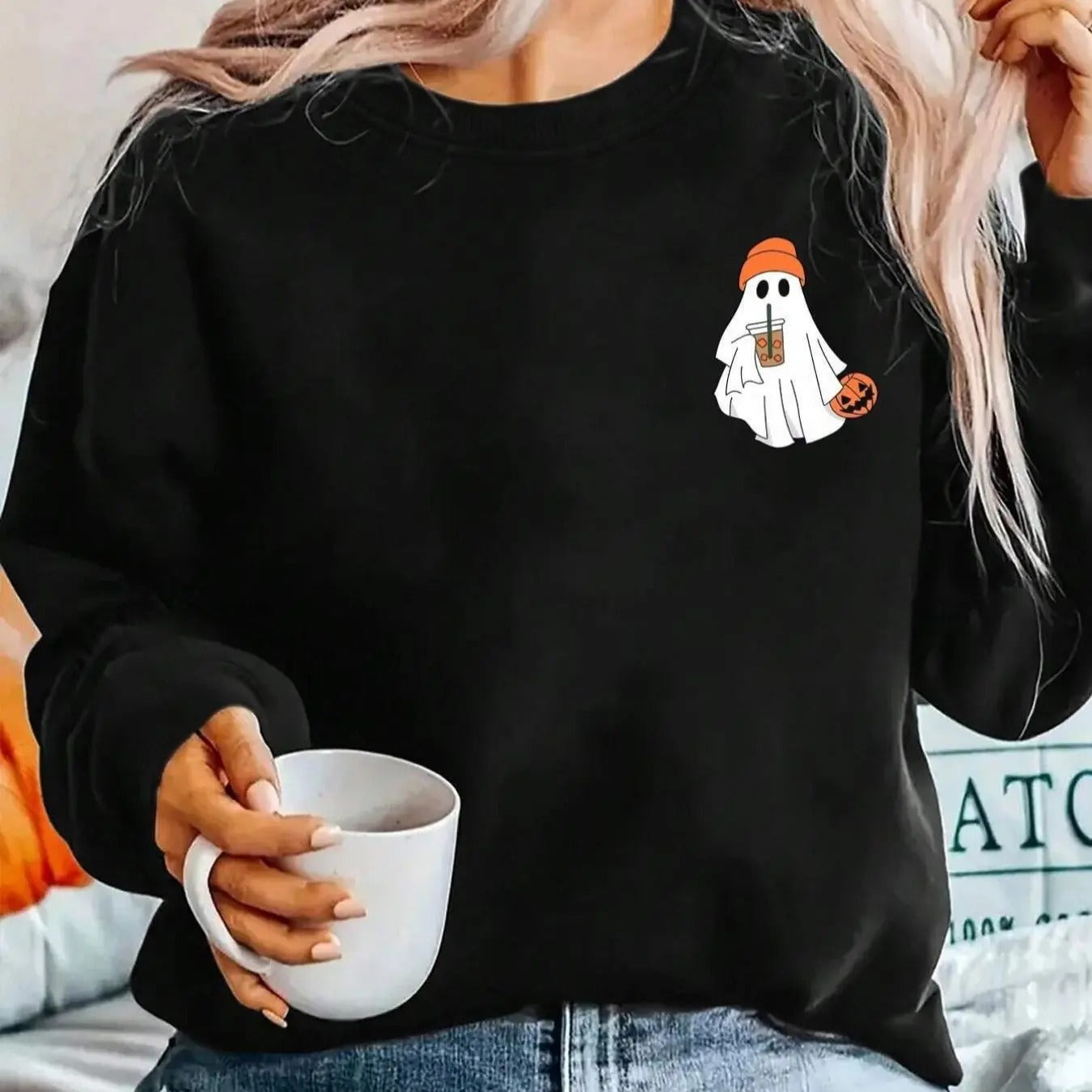 Women's Halloween  Ghost & Pumpkin Print Drop Shoulder Sweatshirt, Casual Long Sleeve Round Neck Pullover for Daily Wear,...