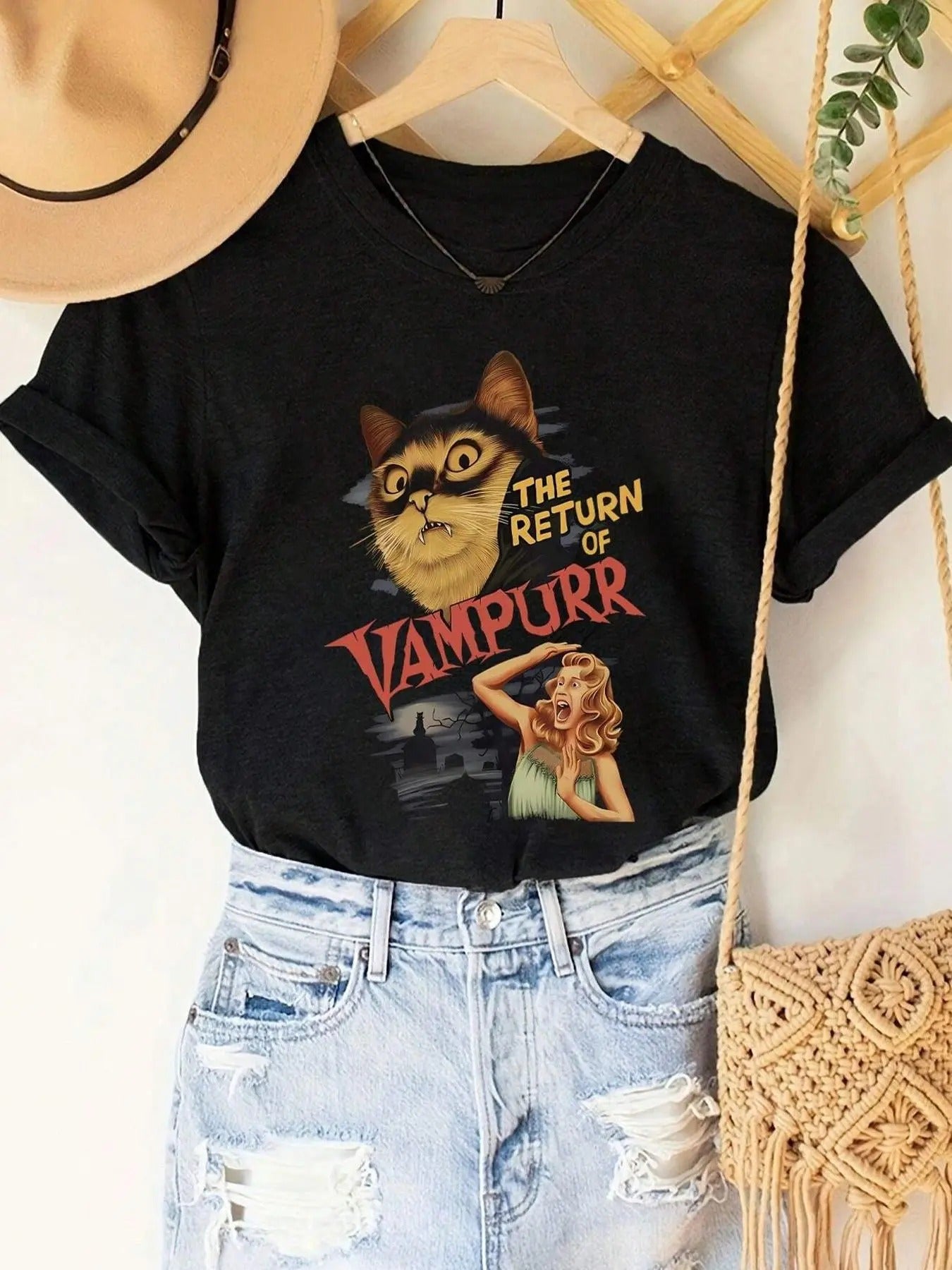 Halloween Cartoon Cat & Letter Print Round Neck Casual Short Sleeve Daily Summer Clothes T-Shirts, Hoodie, Sweatshirt