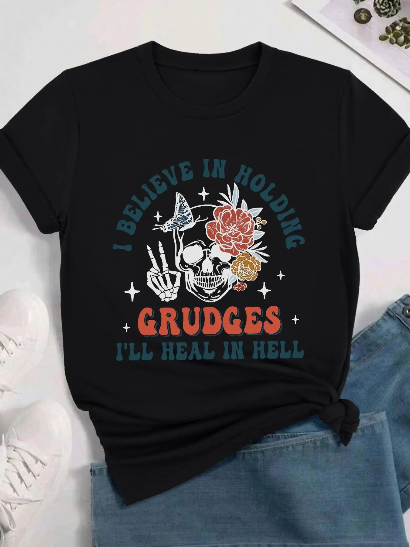 Halloween Cartoon Floral & Letter Print Round Neck Vintage Casual Skull Print Short Sleeve Daily Summer T-Shirts, Hoodie, Sweatshirt