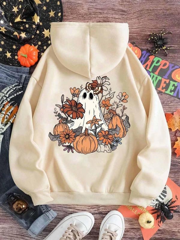Women's Halloween Cartoon Ghost Print Drop Shoulder Hoodie, Fashion Casual Drawstring Pocket Hooded Sweatshirt for Daily...