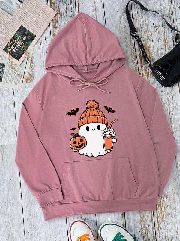 Halloween Cartoon Ghost Print Drop Shoulder Casual Drawstring Pocket Hooded Daily Outdoor Fall & Winter T-Shirts, Hoodie, Sweatshirt