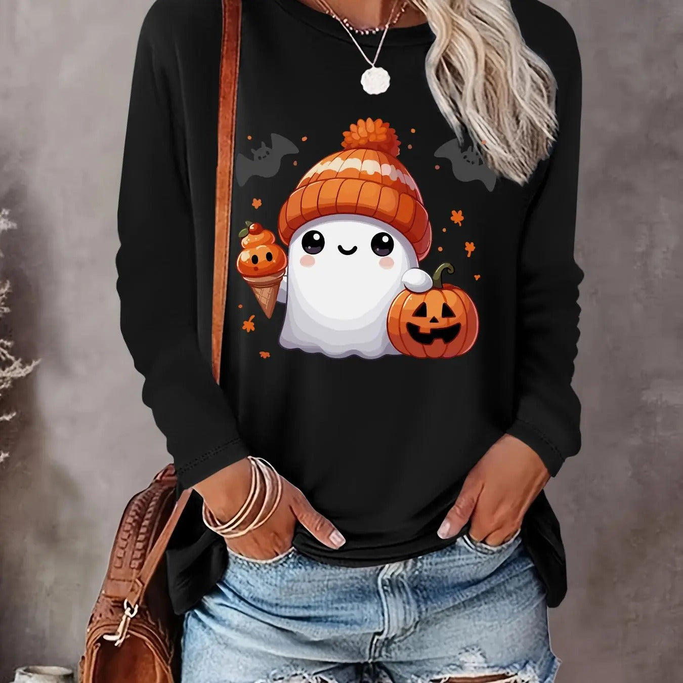 Halloween Cartoon Ghost Print Drop Shoulder Casual Long Sleeve Round Neck Daily Fall & Winter Clothes T-Shirts, Hoodie, Sweatshirt