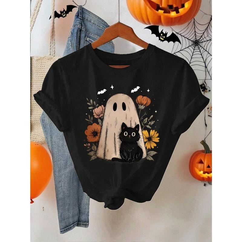 Women's Halloween Cartoon Print Loose Fit Round Neck T-Shirt Hoodie, Sweatshirt | HypeCrazeTee.com