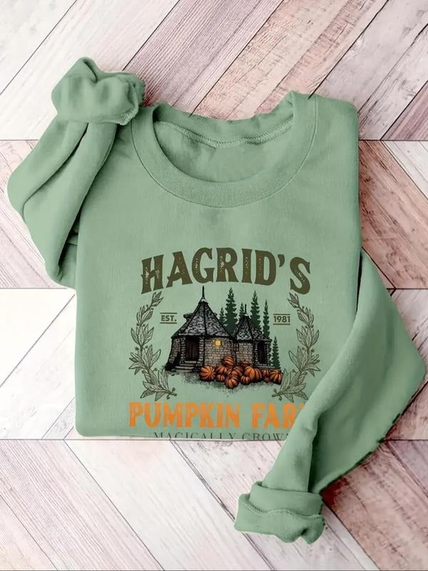 Women's Halloween Cartoon Pumpkin & Letter Print Round Neck Pullover, Fashion Casual Long Sleeve Crew Neck Sweatshirt for...