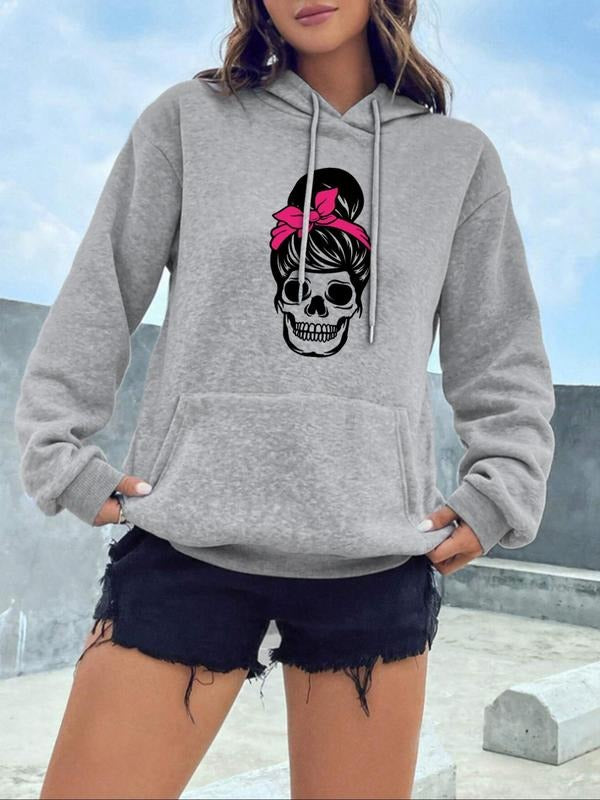 Women's Halloween Cartoon Skull Print Drop Shoulder Drawstring Hoodie, Fashion Casual Pocket Hooded Sweatshirt for Daily...