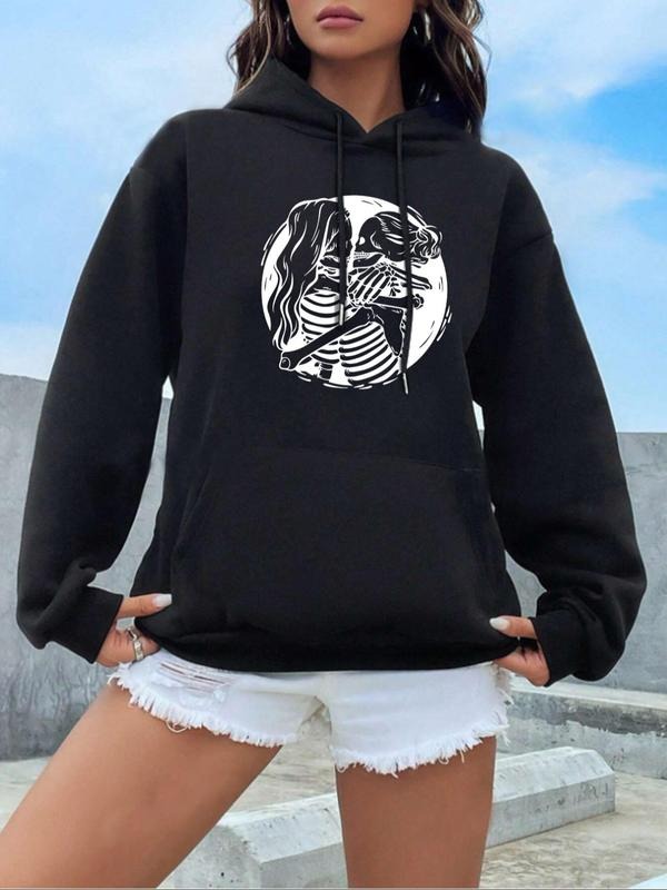 Women's Halloween Cartoon Skull Print Drop Shoulder Drawstring Hoodie, Fashion Casual Pocket Hooded Sweatshirt for Daily...