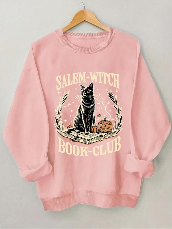 Women's Halloween Cat & Letter Print Drop Shoulder Sweatshirt, Casual Long Sleeve Round Neck Pullover for Daily Wear,...