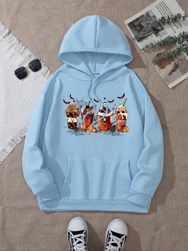 Women's Halloween Drink Print Drawstring Pocket Hoodie, Fashion Casual Drop Shoulder Hooded Sweatshirt for Daily Holiday...