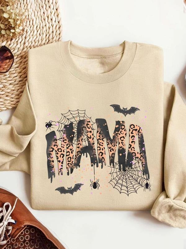 Women's Halloween Fall Winter Casual Long Sleeve Pullover Sweatshirt, Mama Leopard Print Bat Web Design, Fitted Moderate...