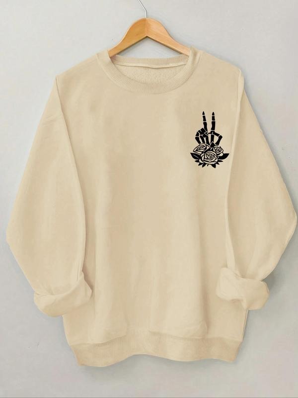 Women's Halloween Floral & Skull Hand Print Crew Neck Sweatshirt, Casual Long Sleeve Pullover for Daily Wear, Ladies...