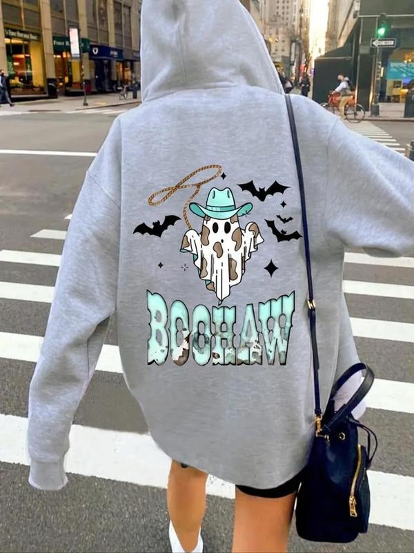 Women's Halloween Ghost & Letter Print Drop Shoulder Hoodie, Fashion Casual Drawstring Pocket Hooded Sweatshirt for Daily...