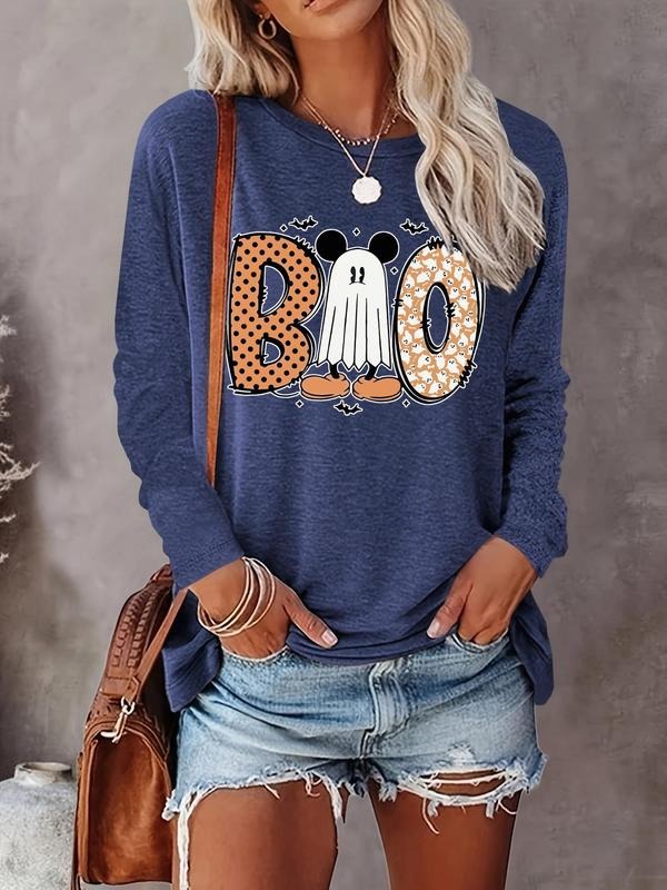 Halloween Ghost & Letter Print Drop Shoulder Casual Long Sleeve Round Neck Fall & Winter Top Daily T-Shirts, Hoodie, Sweatshirt